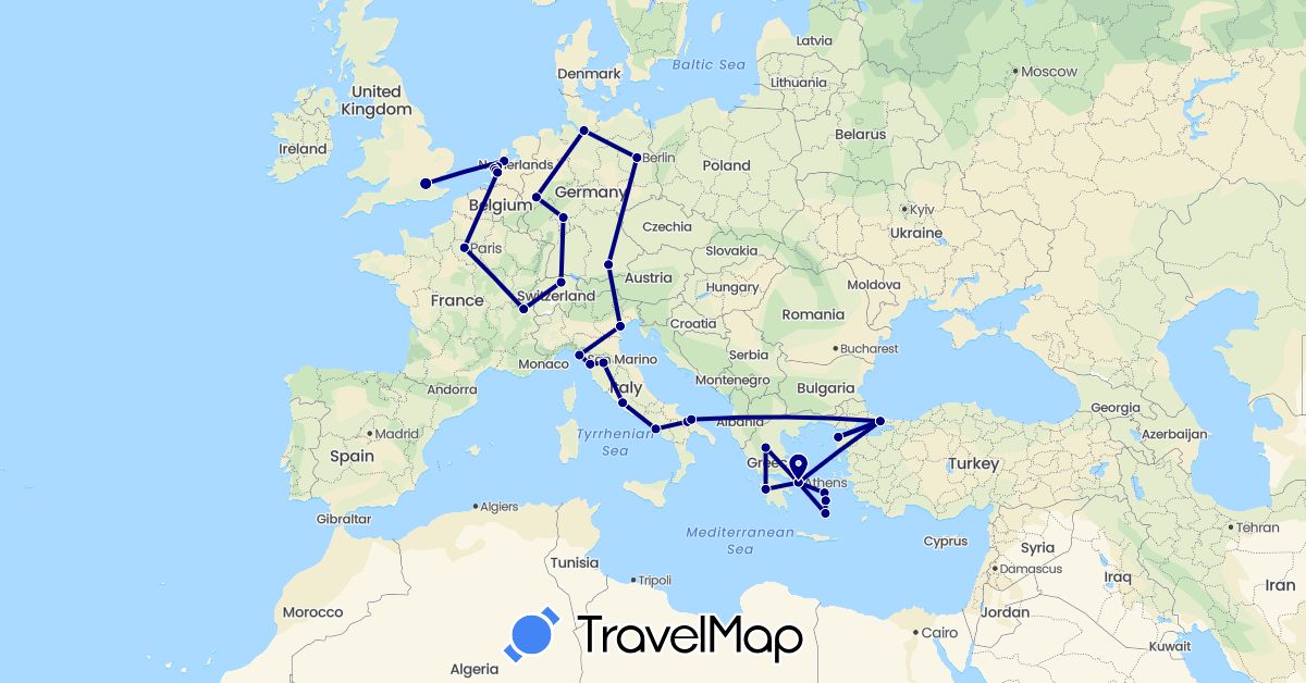TravelMap itinerary: driving in Switzerland, Germany, France, United Kingdom, Greece, Italy, Netherlands, Turkey (Asia, Europe)